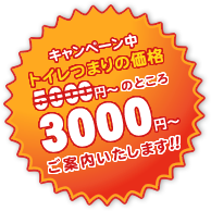 ただいまキャンペーン中!!トイレのつまりの通常価格5000円からのところ･･･3000円でご案内いたします!!